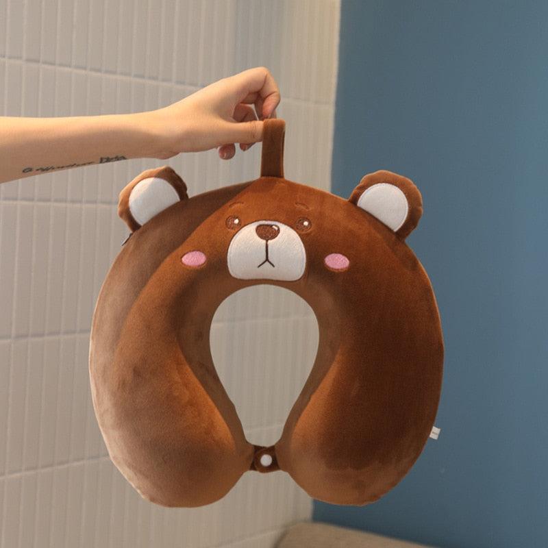 U-shaped plush animal memory foam neck pillow, brown bear with rounded ears