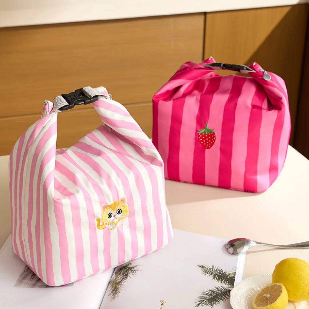 Pink and white striped insulated lunch bag with cat patch and top carry handle