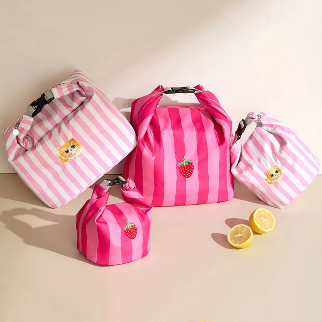 Set of striped insulated lunch bags: pink strawberry bag and white cat bag with handles
