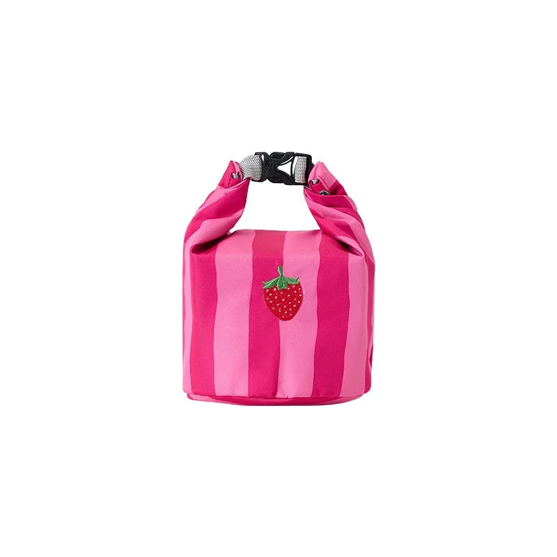 Pink and white striped insulated lunch bag with strawberry patch and top handle