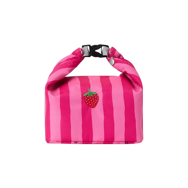 Pink and white striped insulated lunch bag with strawberry patch and adjustable strap