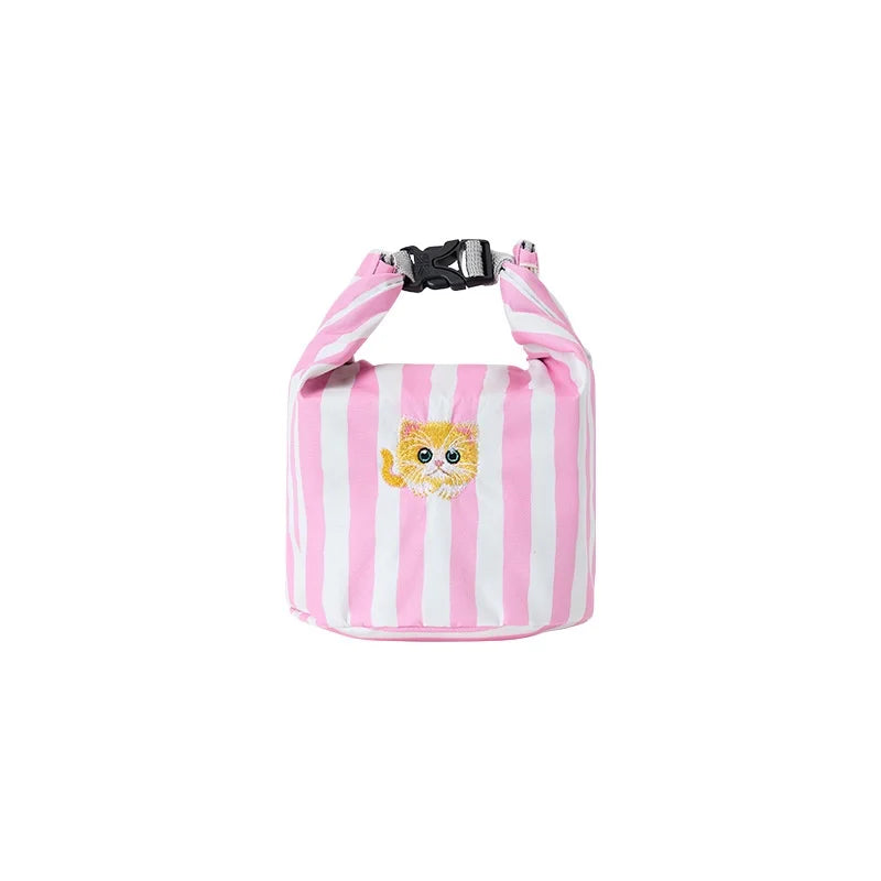 Pink and white striped insulated lunch bag with cat patch and top carry handle