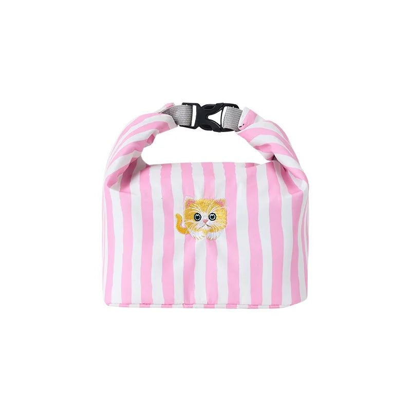 Pink and white striped insulated lunch bag with cat patch and black adjustable handle