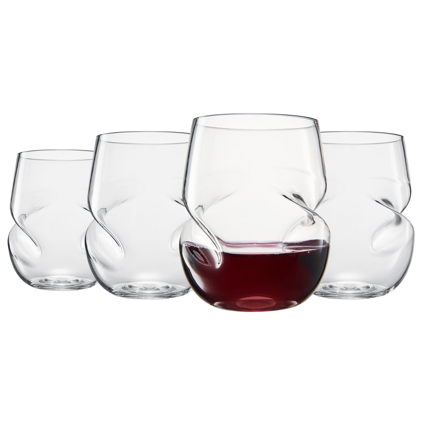 Set of 4 stemless acrylic wine glasses, clear with finger-indented sides, filled with red wine