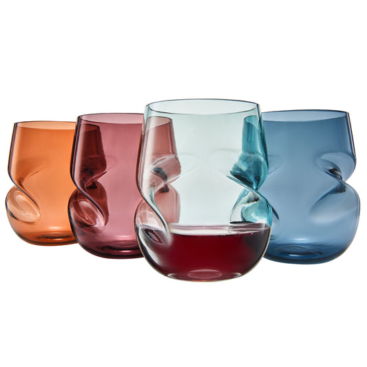 Set of 4 acrylic stemless wine glasses with finger-indent bowls in amber, pink, red, blue