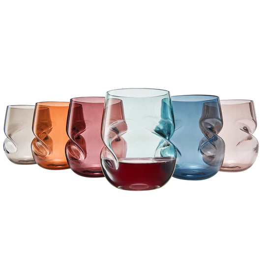 Set of 6 acrylic stemless wine glasses with finger-indented bowls, assorted colors