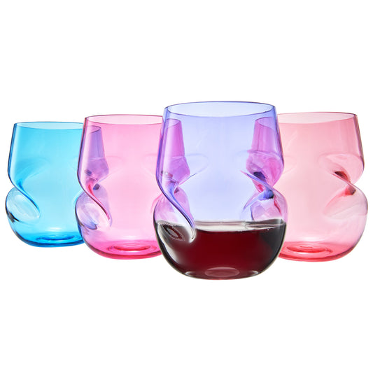 Stemless acrylic wine glasses set of 4 with finger-indent cups in blue, pink, and purple