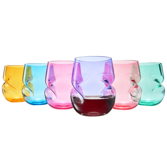 Set of 6 stemless acrylic wine glasses, finger-indent, in mixed rainbow colors