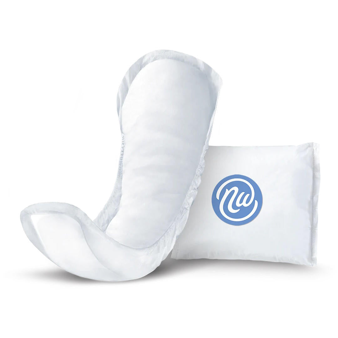 Long incontinence pad with absorbent core and secure adhesive, white