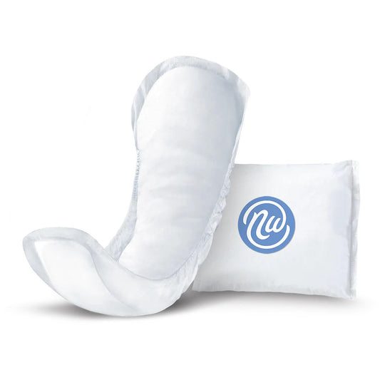 Long incontinence pad with absorbent core and secure adhesive, white