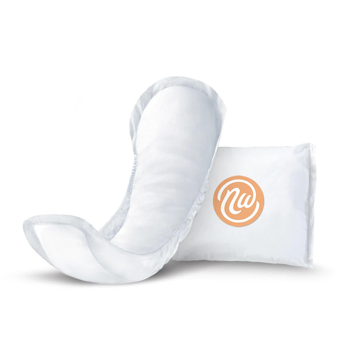 Moderate incontinence pad, hourglass absorbent core and wide back protection
