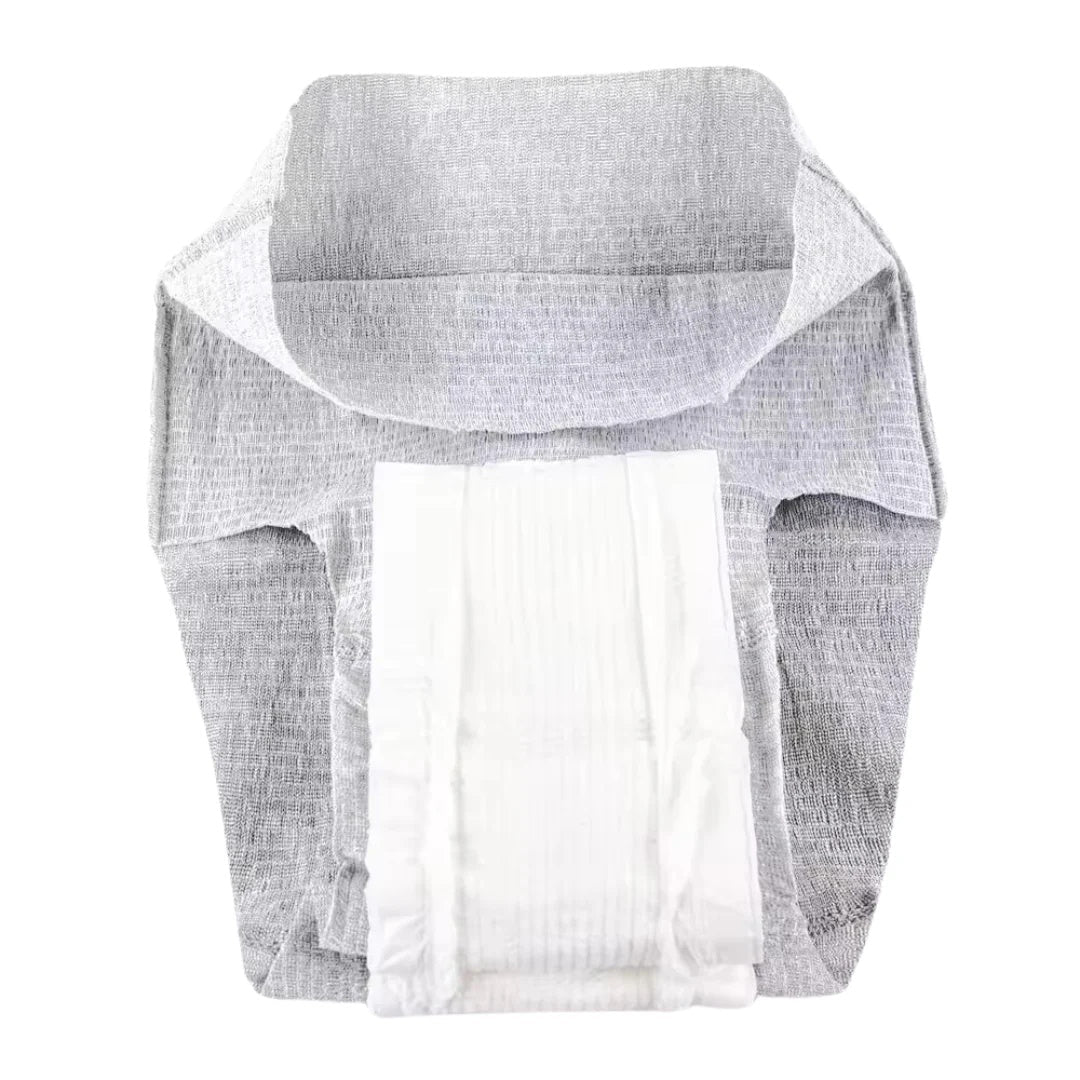 Gray incontinence underwear showing white absorbent pad insert, open front view.