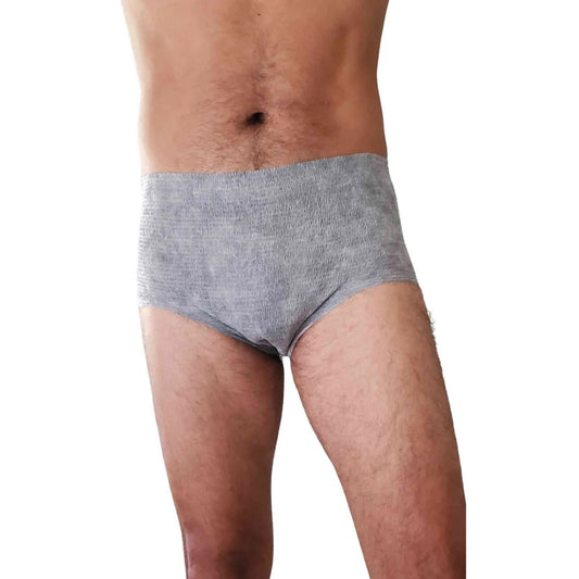 Men’s incontinence underwear, gray knit briefs on model, full-coverage back.