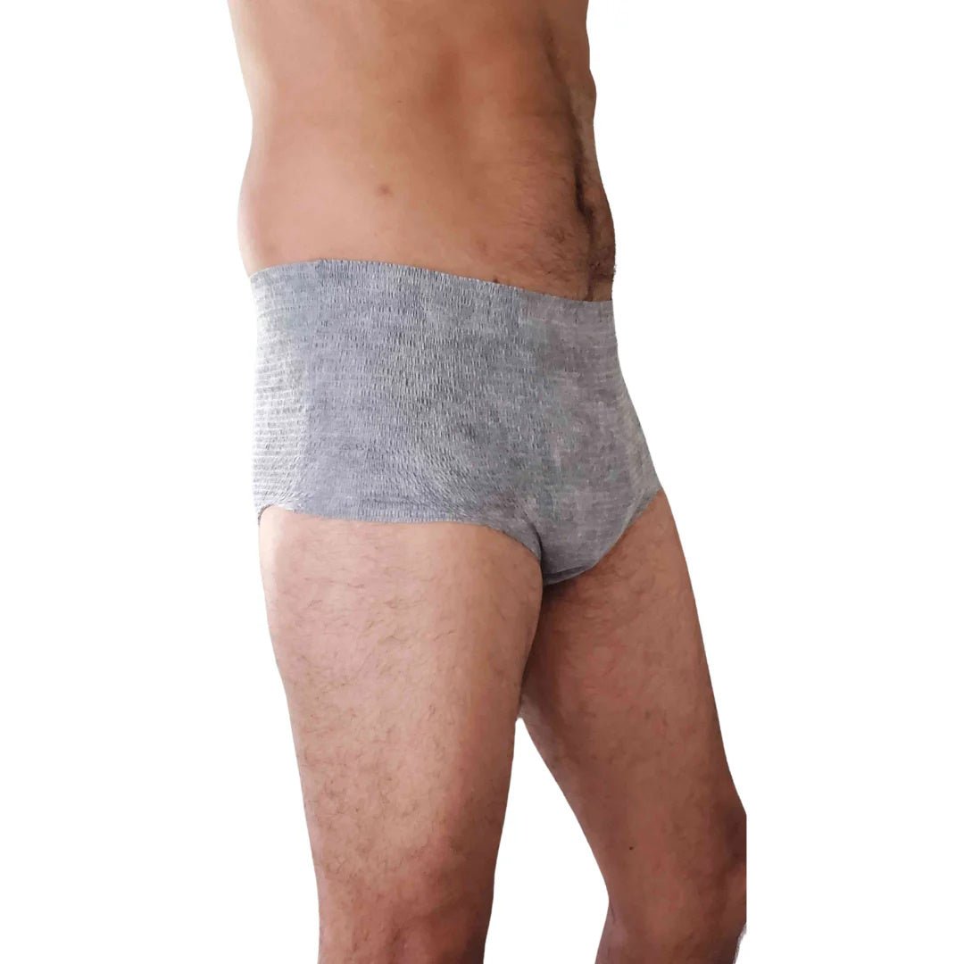 Men’s incontinence underwear, gray knit briefs on model, rear/hip coverage view.