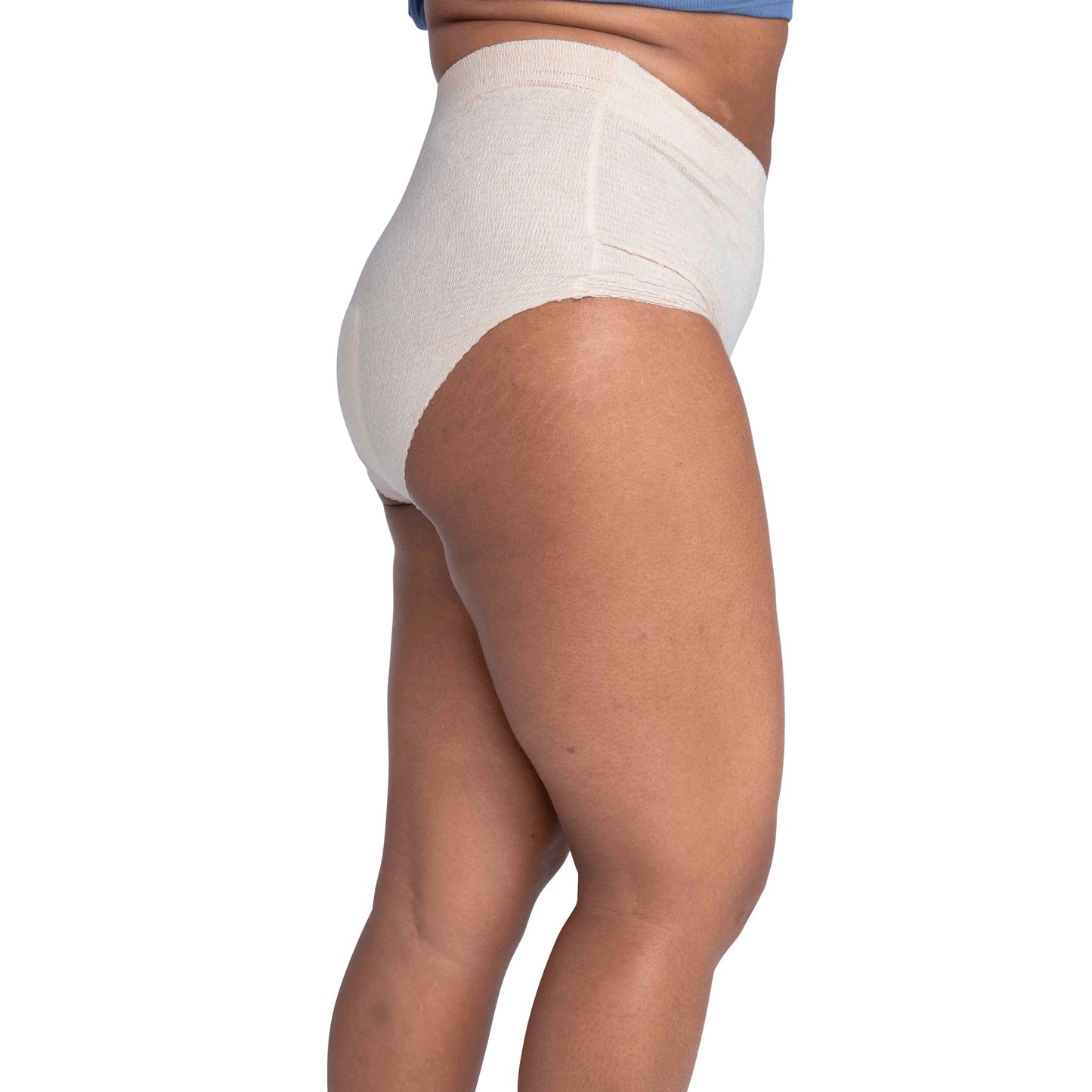 Women's incontinence underwear, light beige, side rear view with secure full-coverage fit.