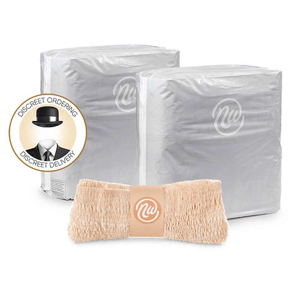 Pack of Nexwear women's incontinence underwear briefs with light beige absorbent fabric.