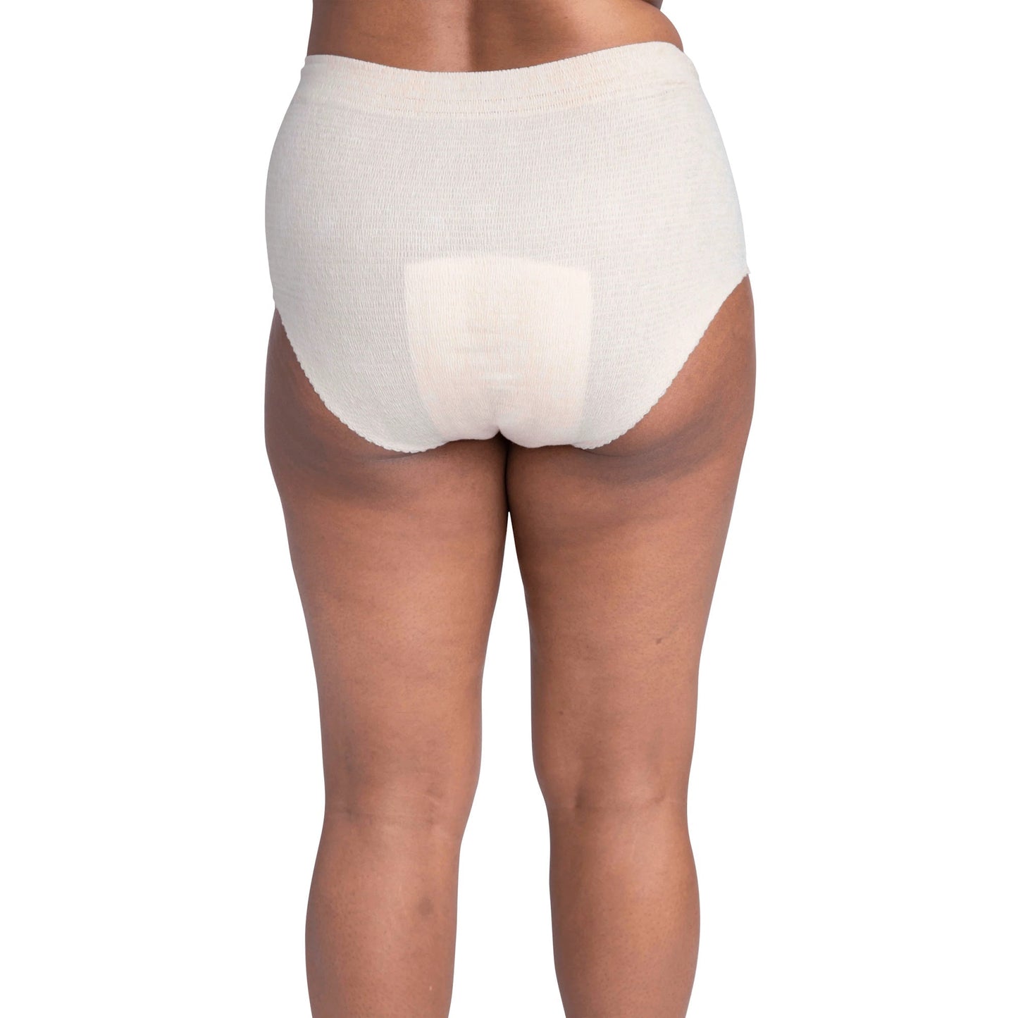 Women's incontinence underwear, light beige, rear view with central absorbent area.