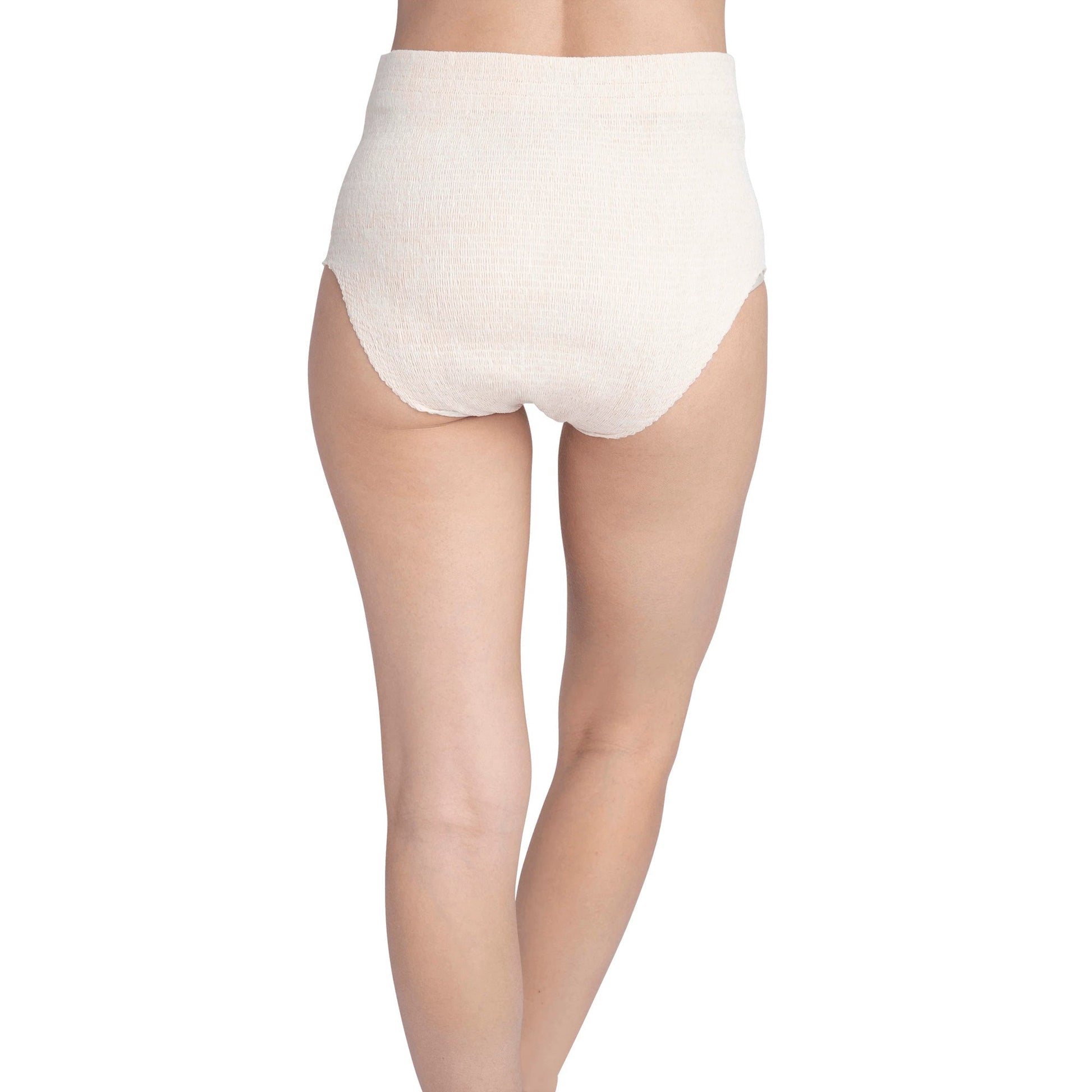 Nexwear women's incontinence underwear, light beige brief with full coverage leg openings.