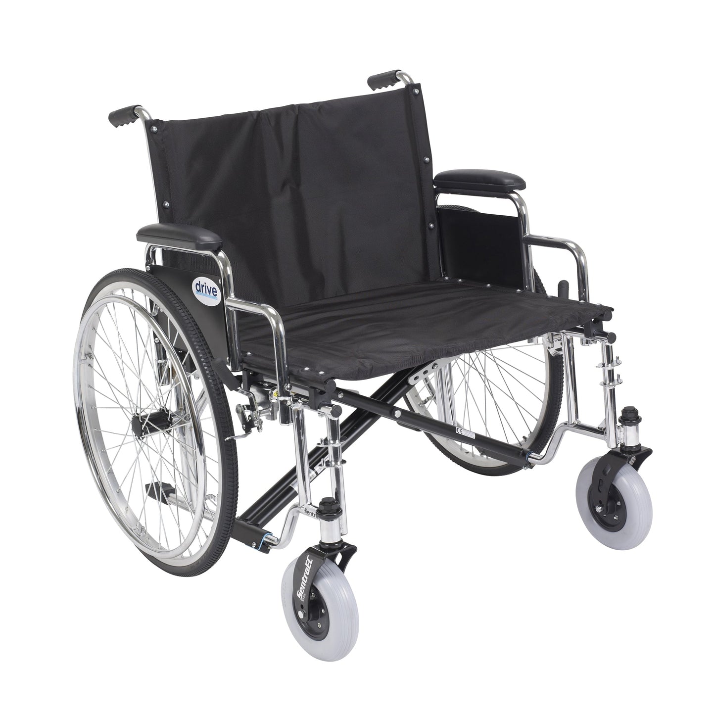 Extra-wide wheelchair, black seat/back, detachable desk arms, 26 in seat