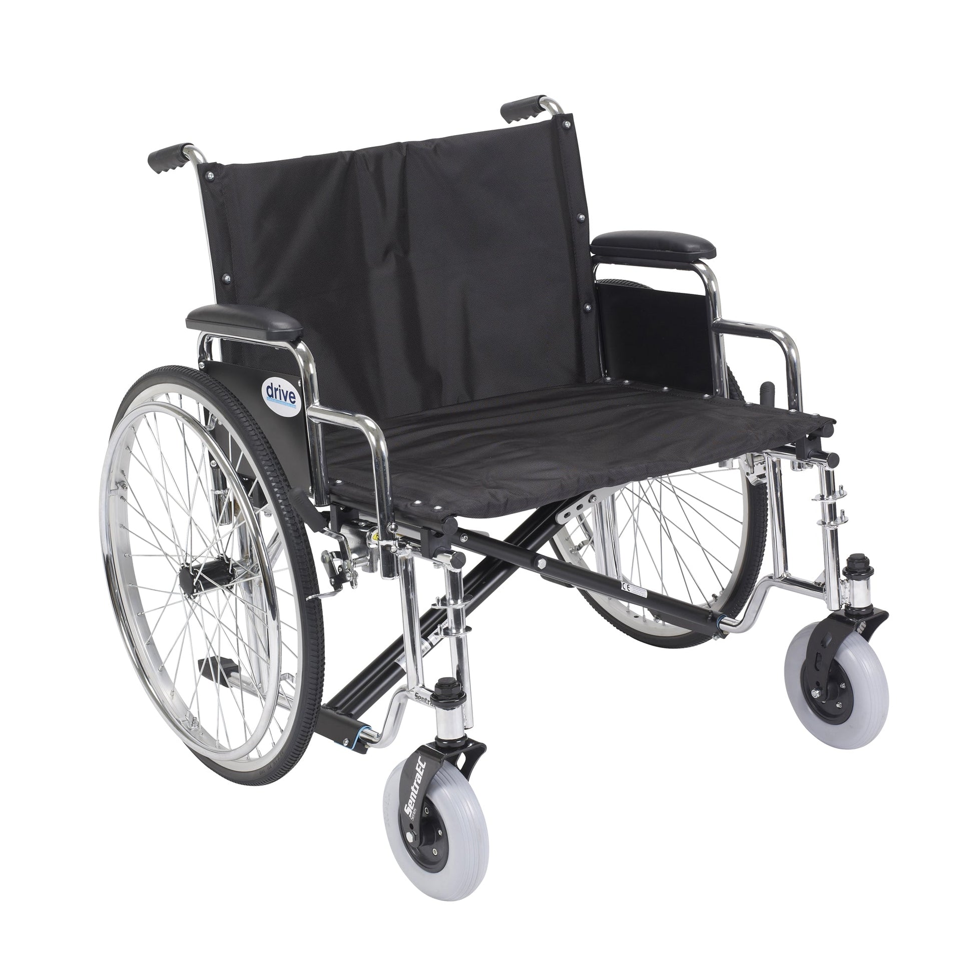 Extra-wide wheelchair, black seat/back, detachable desk arms, 26 in seat