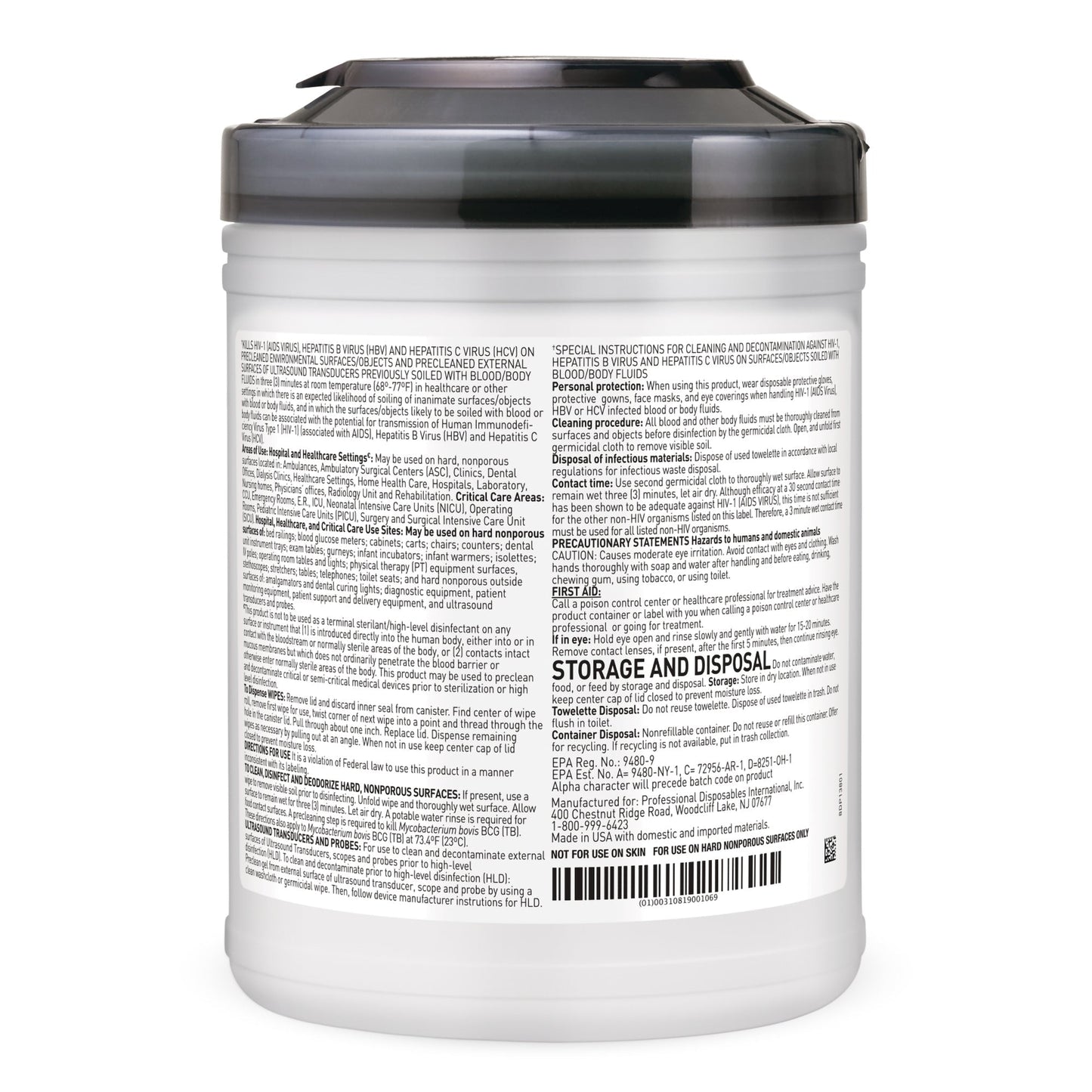 Back label of Sani-Cloth AF3 germicidal disposable wipes tub, barcode and instructions