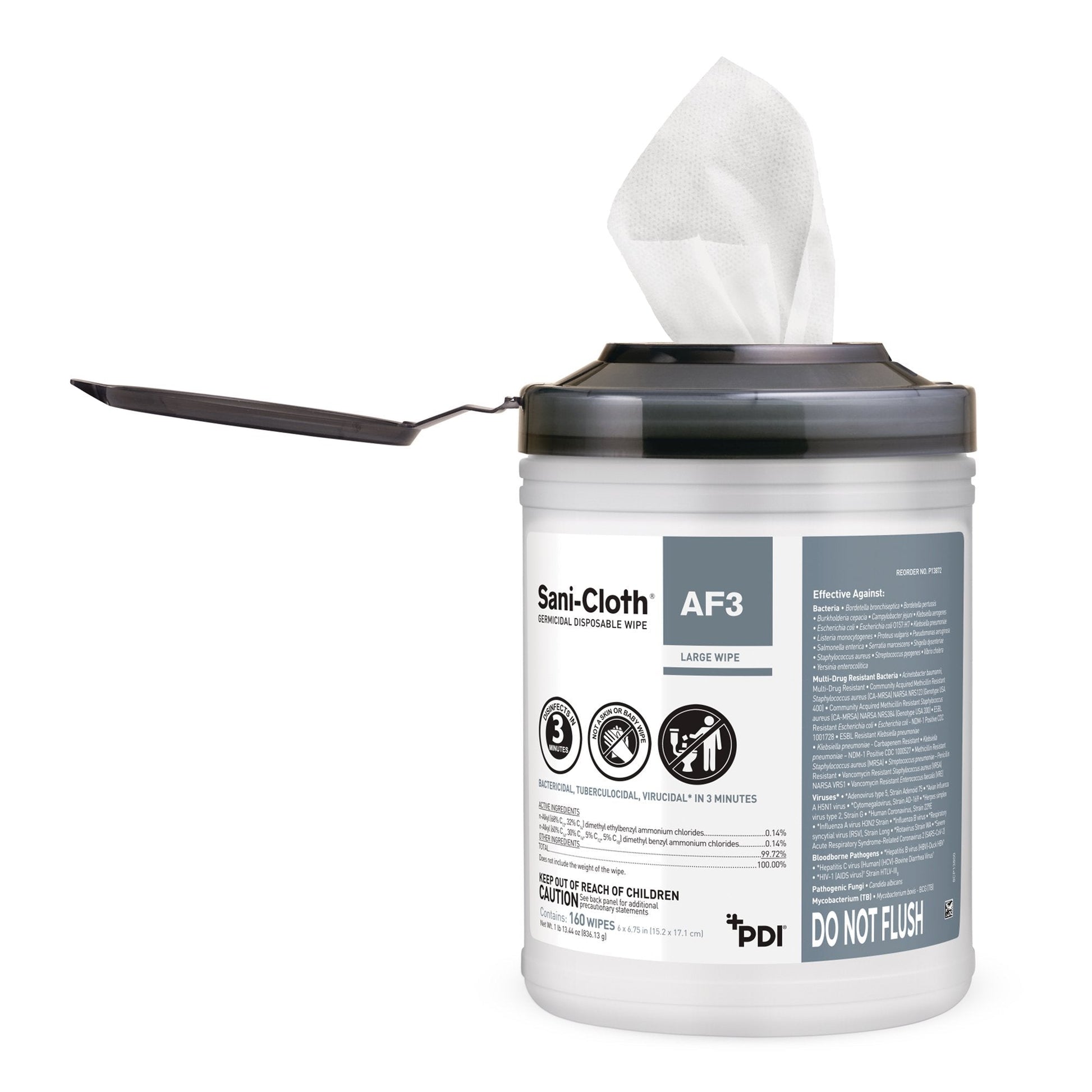 Sani-Cloth AF3 germicidal disposable wipes tub with lid and wipe partially pulled out