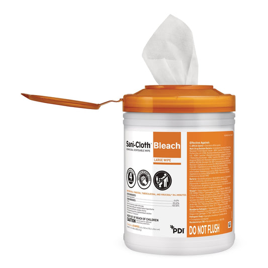 Disposable bleach germicidal wipes canister with open lid and orange front label