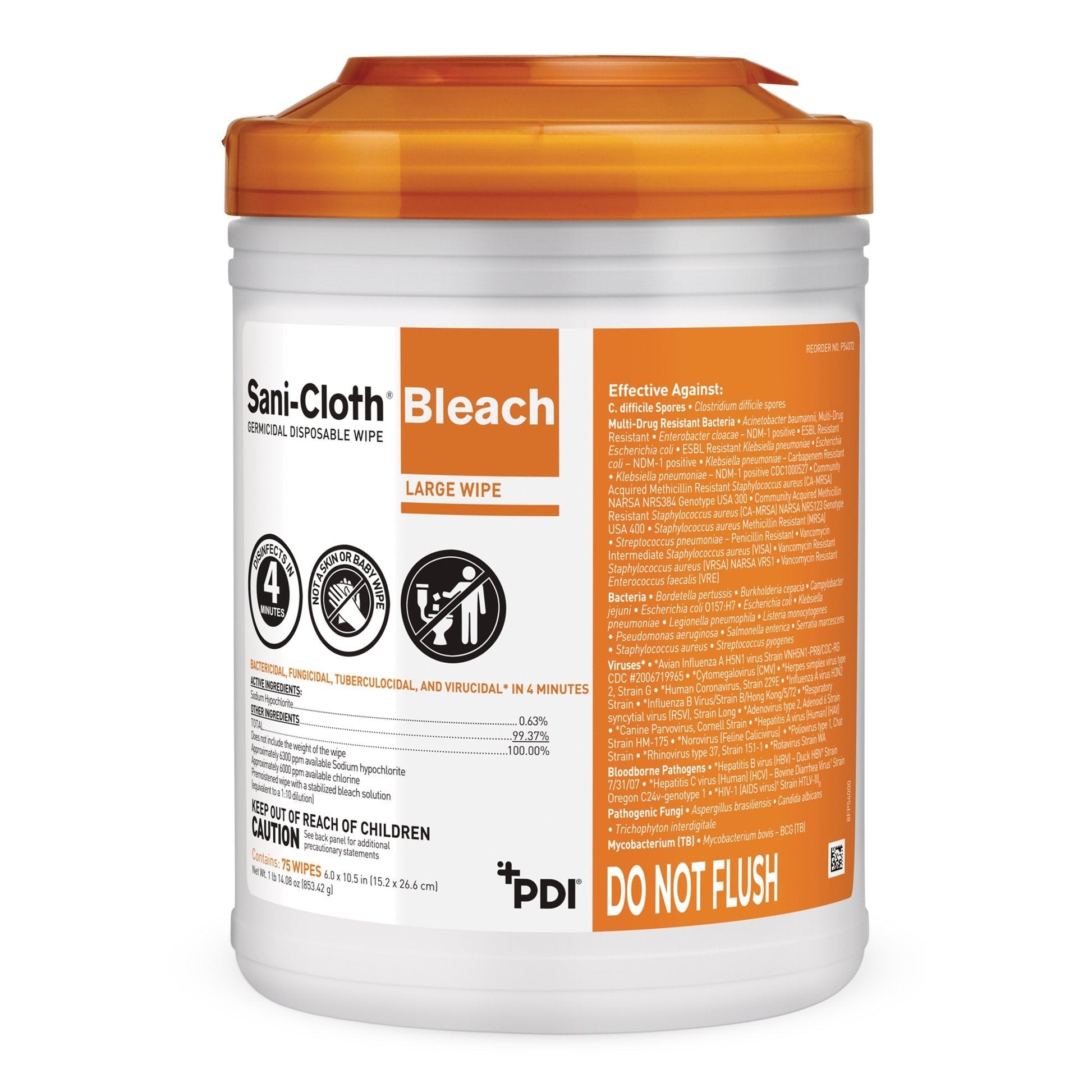 Disposable bleach germicidal wipes canister with orange cap and front label details