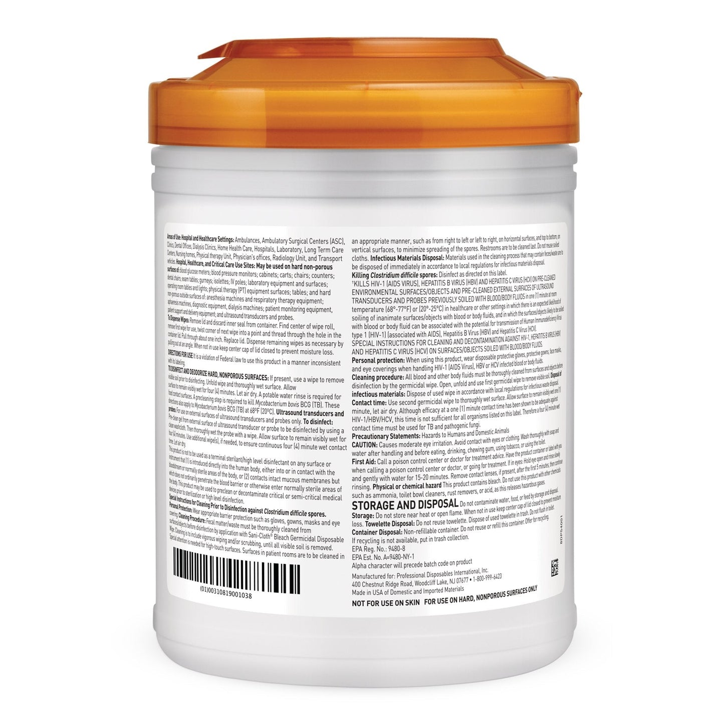 Disposable bleach germicidal wipes canister back label with barcode and handling text