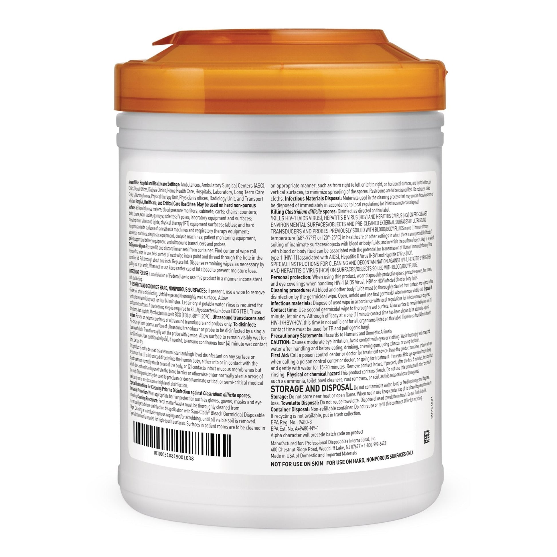 Disposable bleach germicidal wipes canister back label with barcode and handling text