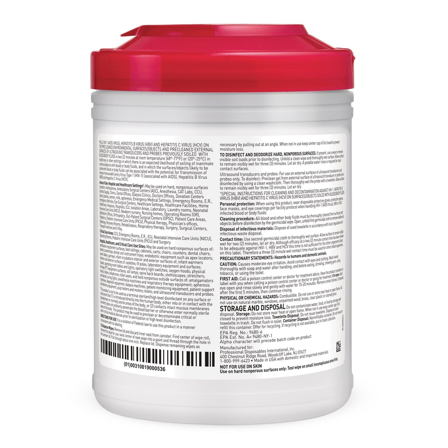 Sani-Cloth Plus germicidal disposable wipe canister, back label and barcode visible
