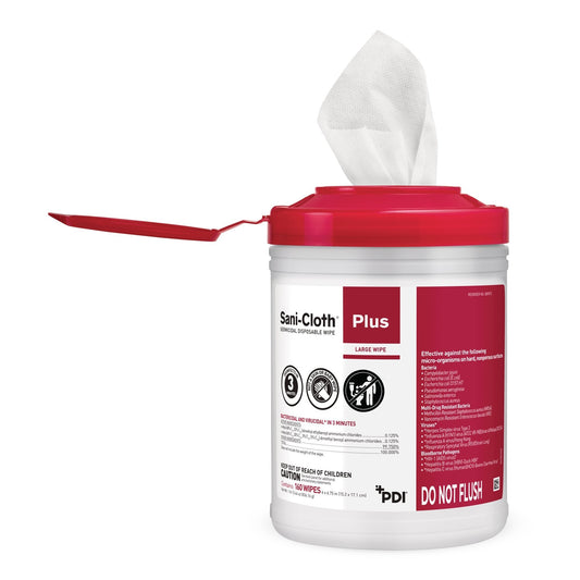 Sani-Cloth Plus germicidal disposable wipe canister with wipe pulled through lid