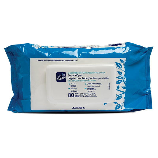 Nice'n Clean unscented baby wipes, 80-count pack in blue wrapper