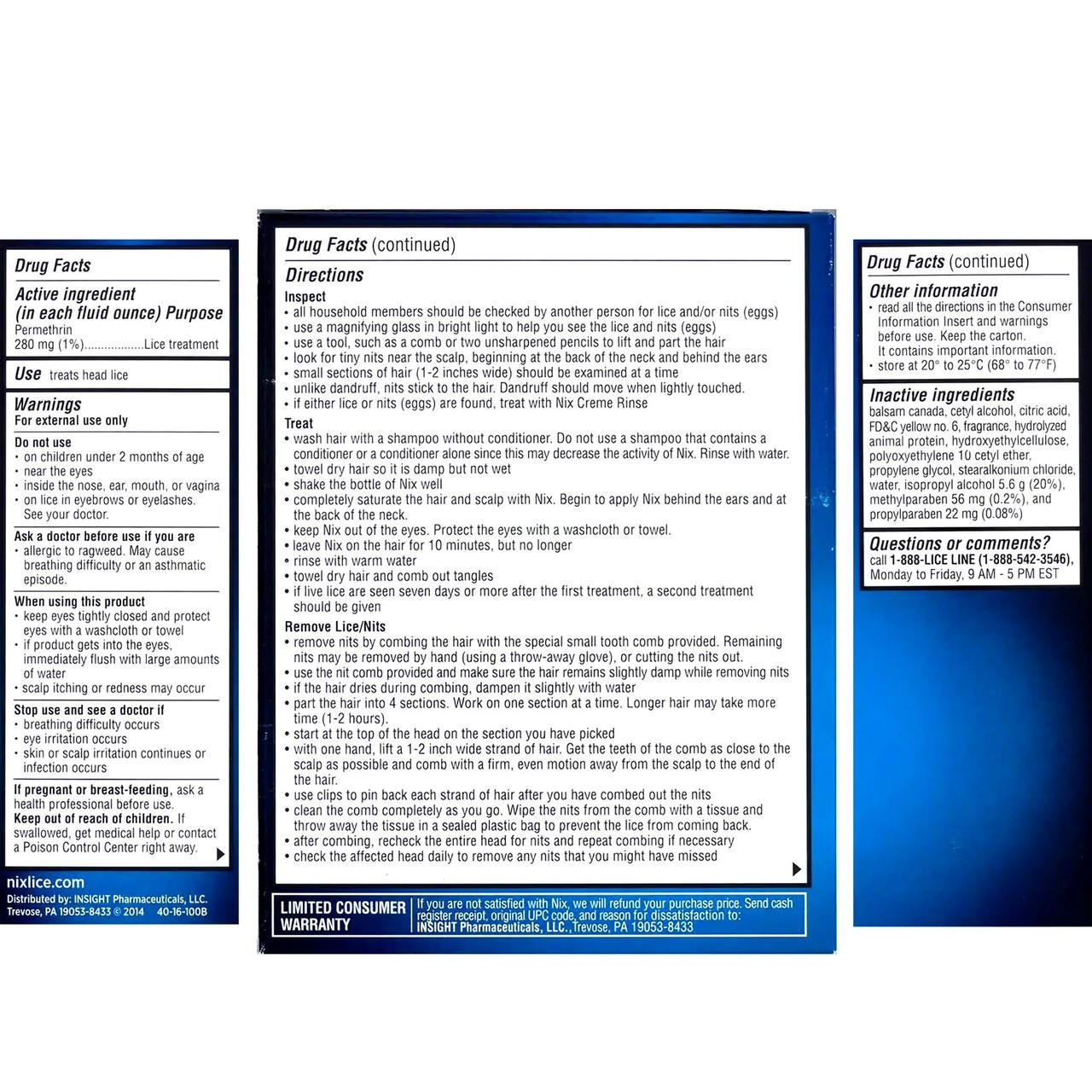 Nix lice killing creme rinse box back with Drug Facts and directions