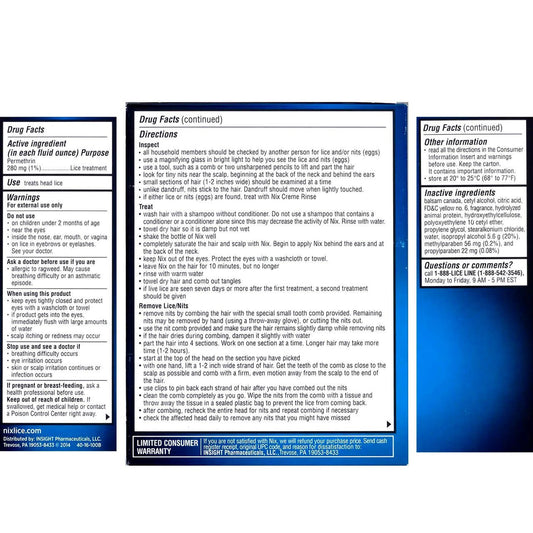 Nix lice killing creme rinse box back with Drug Facts and directions