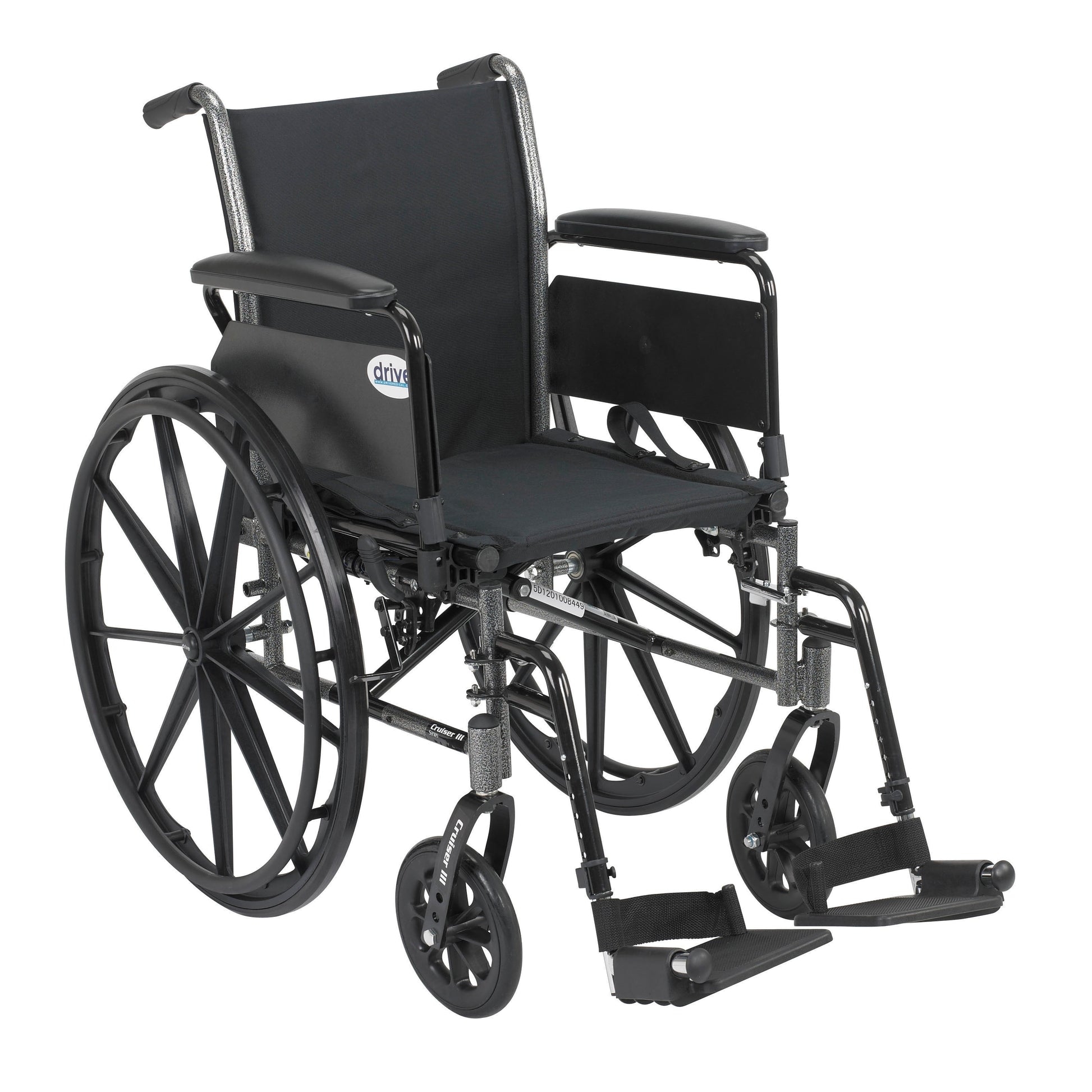 Lightweight wheelchair with flip-back removable arms and swing-away footrests, 20-inch seat