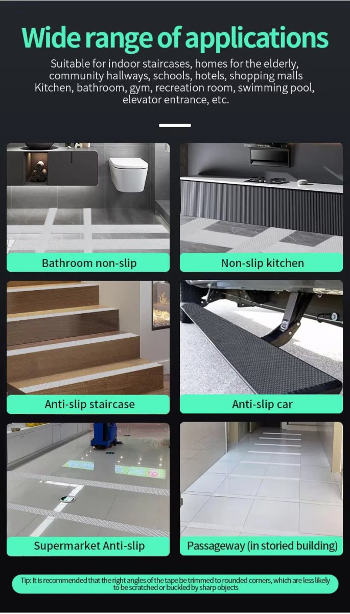Transparent non-slip tape strips applied on multiple floor surfaces