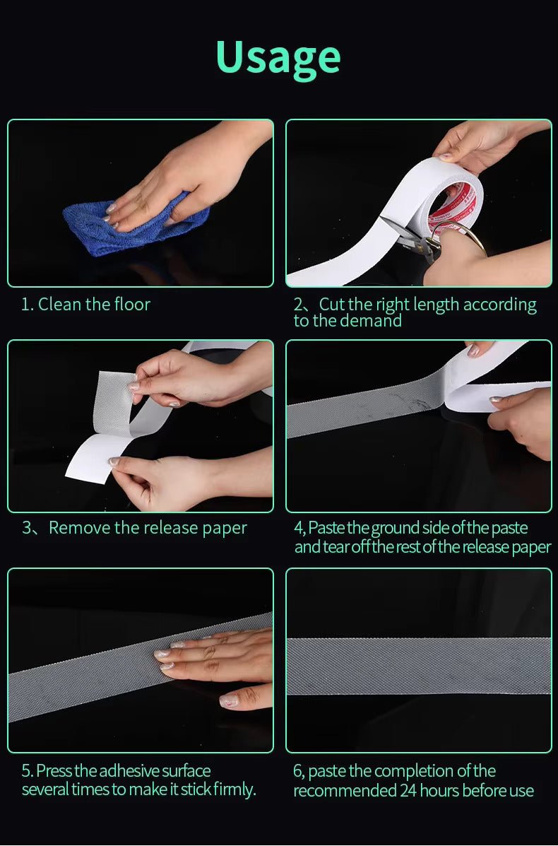 Transparent non-slip tape usage steps shown with hands: clean, cut, peel, press