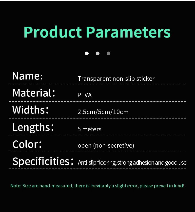 Transparent non-slip tape product parameters card: PEVA material, widths and 5m length