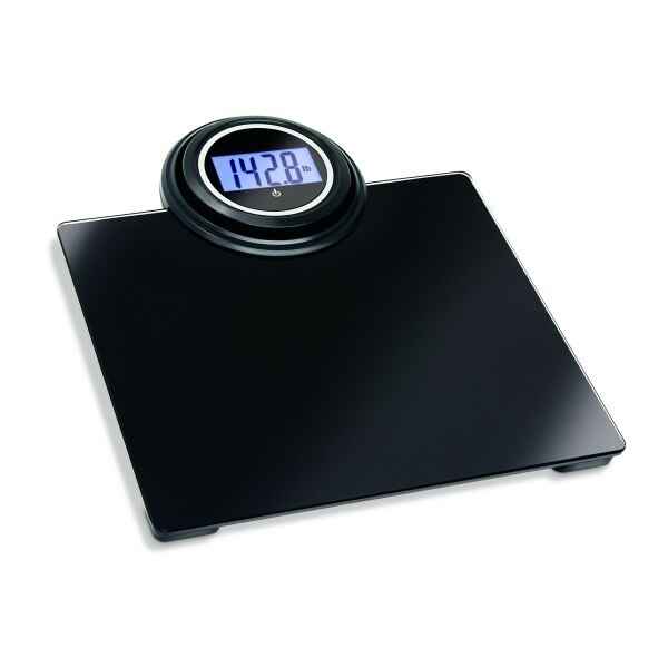 Black extra-wide digital scale platform with round LCD display reading 142.8 lb