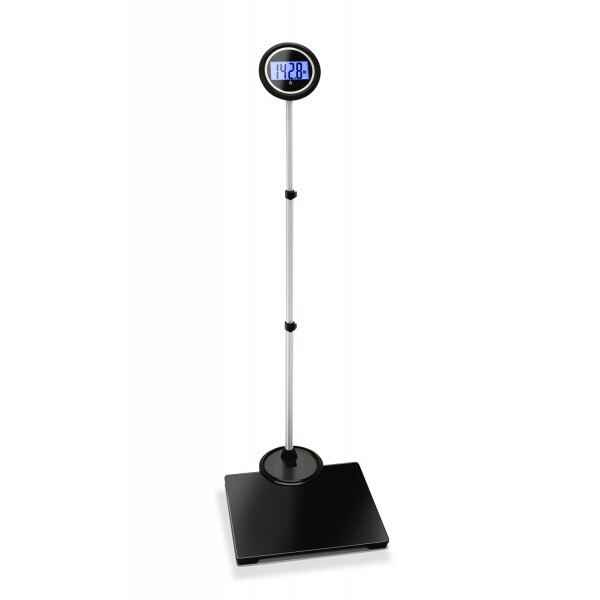 Extendable extra-wide digital scale with round LCD display reading 142.8 lb