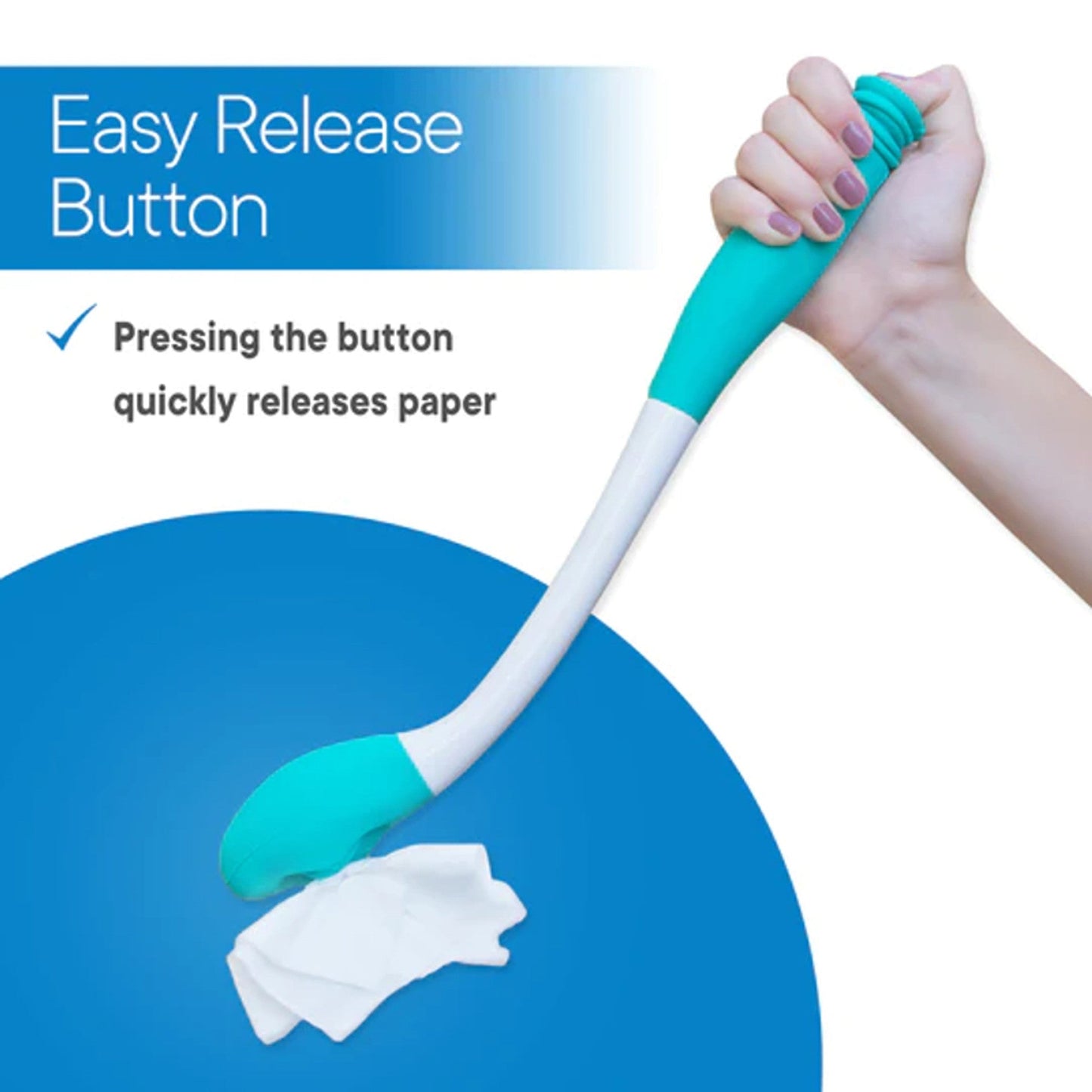Easy-release button on teal handle of long-reach comfort wipe aid
