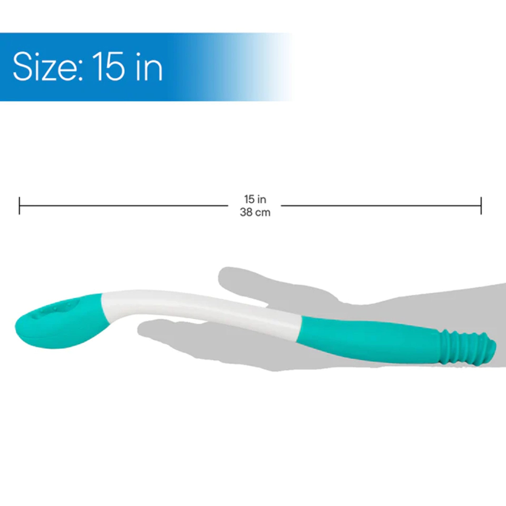 Long-reach wipe aid shown stretched to 15 in (38 cm), teal end and ribbed grip