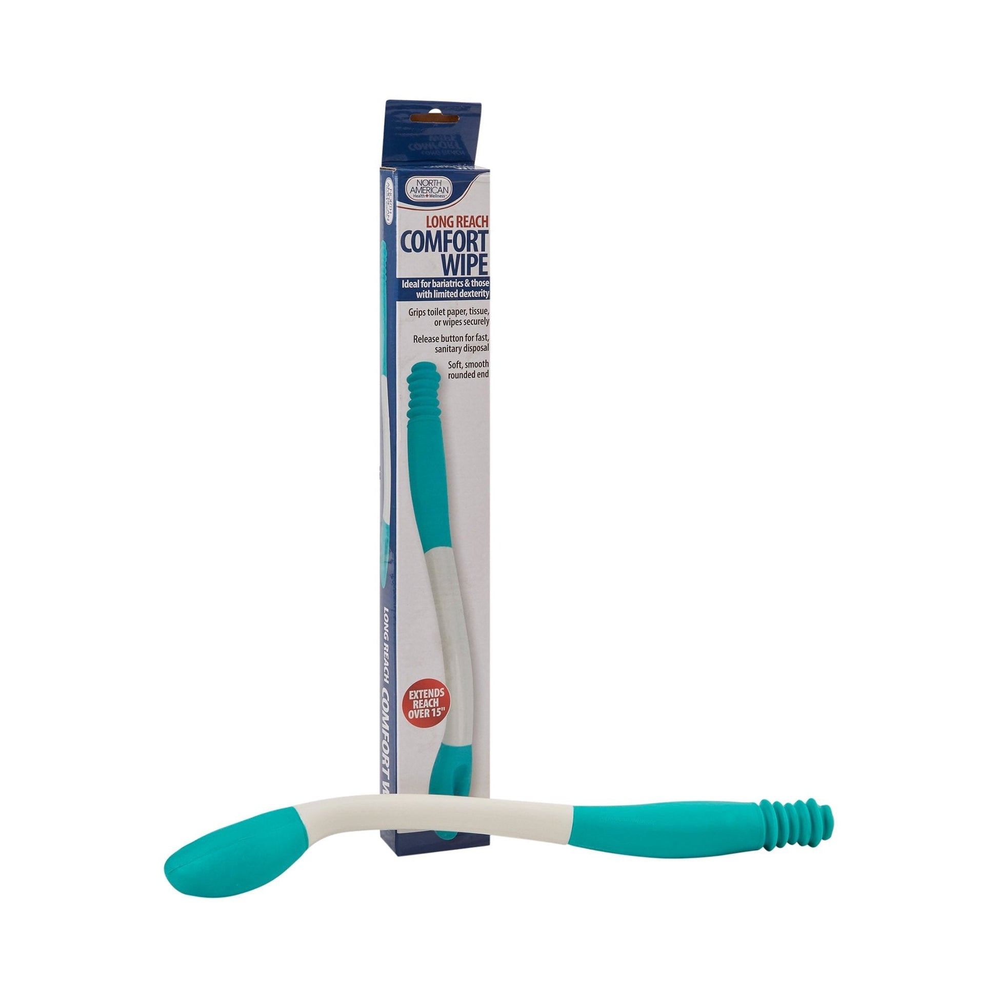 Long-reach comfort wipe toileting aid with teal grip and white handle, 15 in length