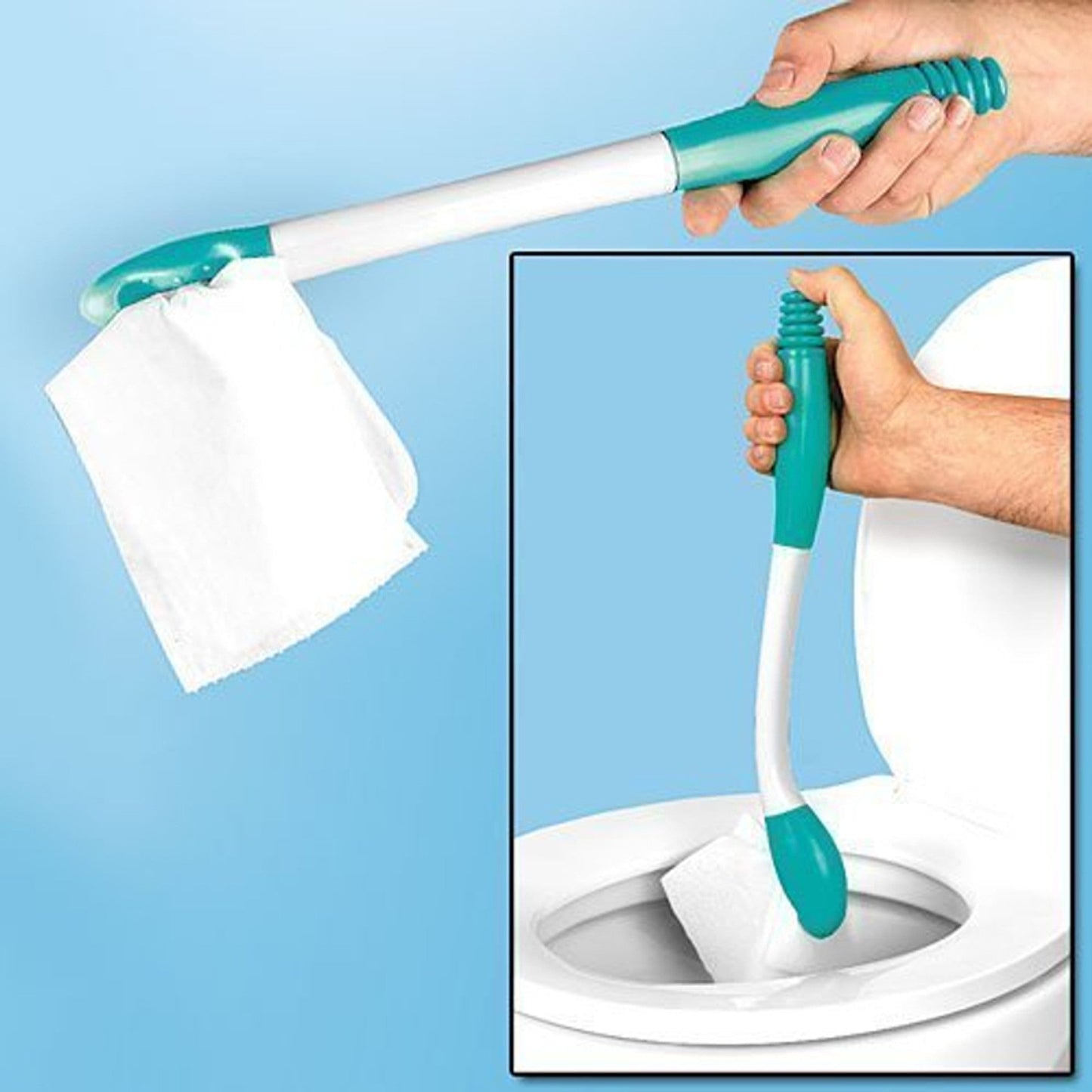 Toileting wipe aid releasing wipes into a toilet, teal button end with white handle