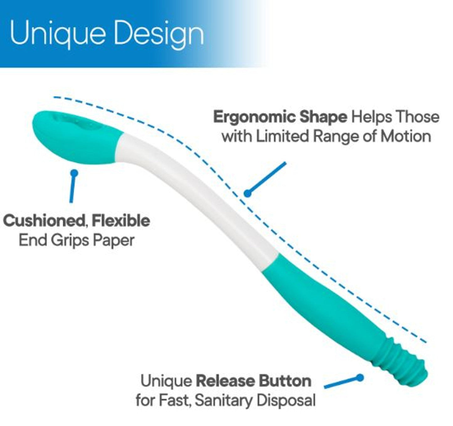 Ergonomic long-reach wipe aid with cushioned flexible end and teal ridged handle