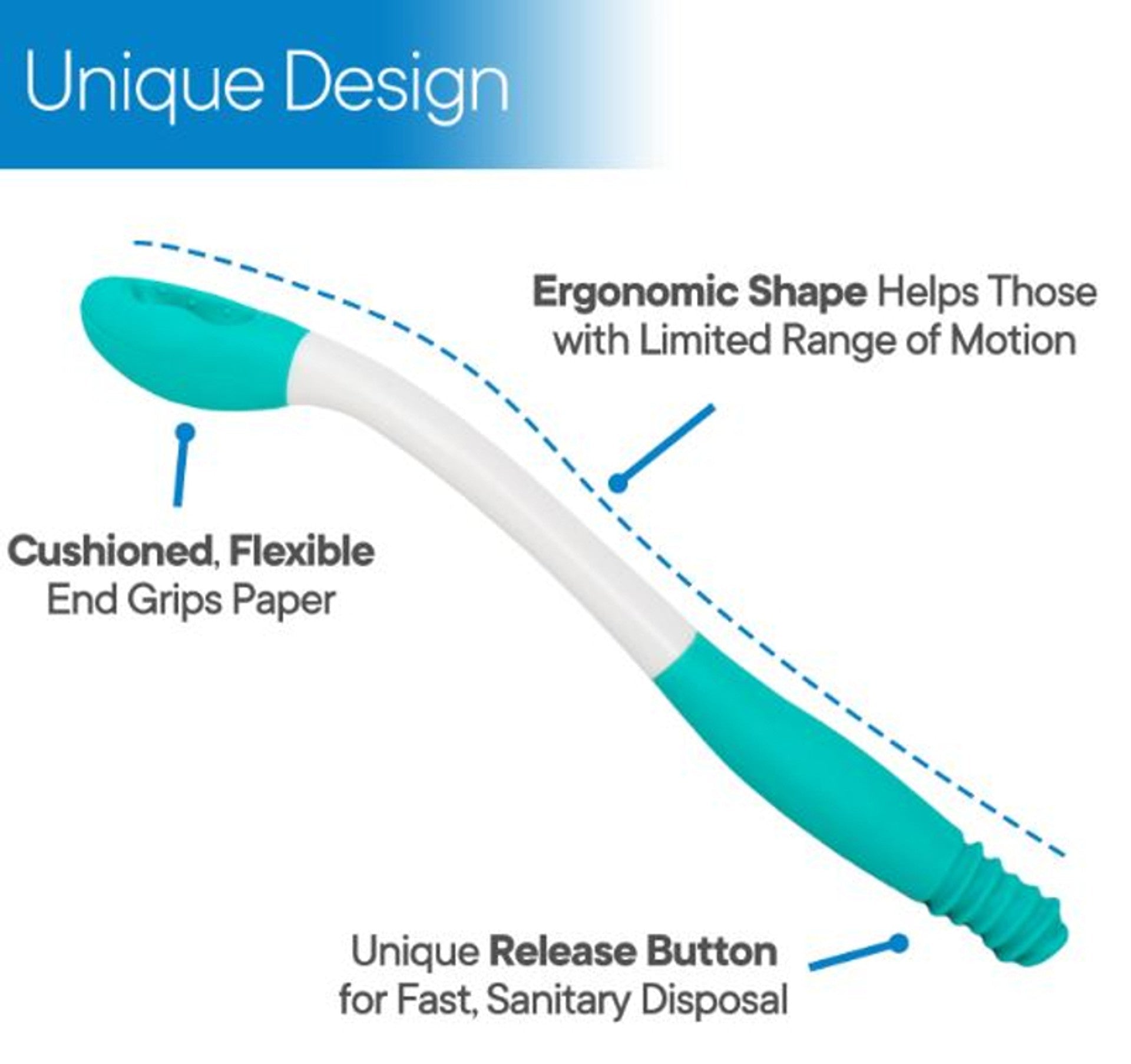 Ergonomic long-reach wipe aid with cushioned flexible end and teal ridged handle