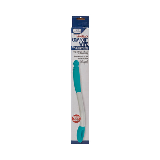 Package with long-reach comfort wipe toileting aid, teal end tip and white extension