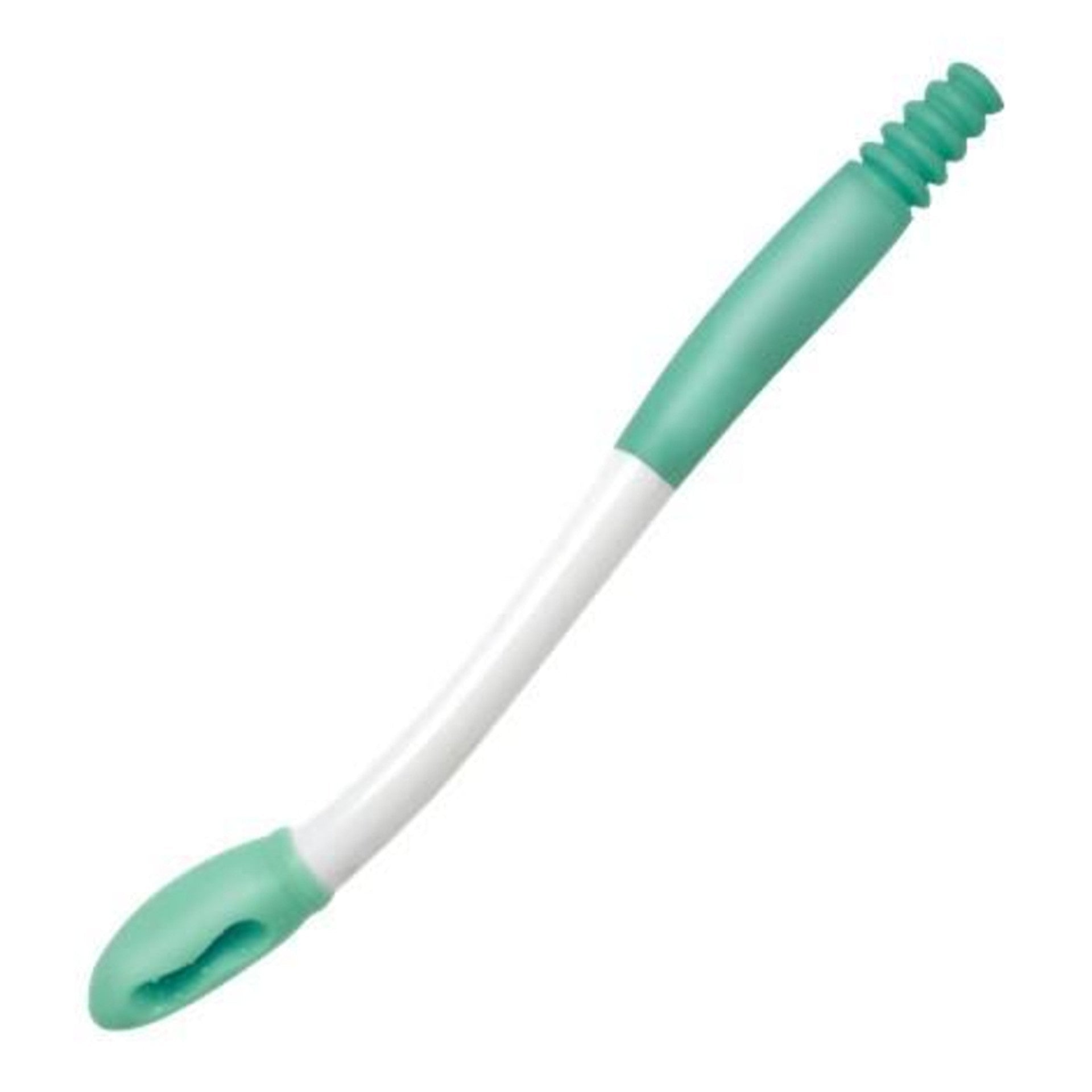 Close-up of teal cushioned tip on long-reach toileting wipe aid with white handle