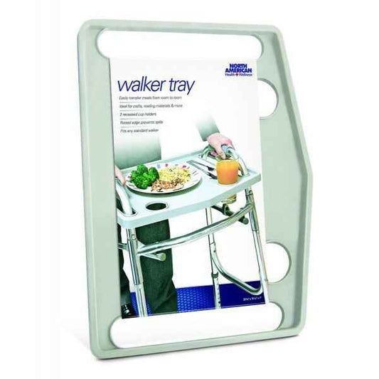 Walker tray with two cup holders and raised ledge, light green frame